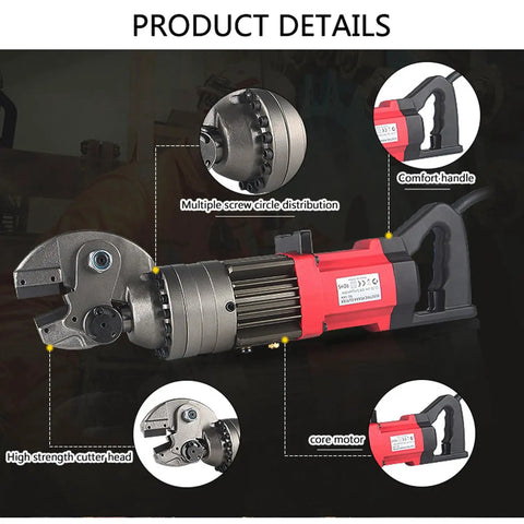 Electric Hydraulic Rebar Cutter Portable 4 to 16mm Pro Grade Rebar Cutting Tool With No Sparks detail view with components labeled