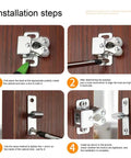 Installation steps for Push Release Magnetic Cabinet Latch With Double Wheel Spring Ball Bearing Door Catch showing tools and screws.