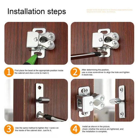 Installation steps for Push Release Magnetic Cabinet Latch With Double Wheel Spring Ball Bearing Door Catch showing tools and screws.