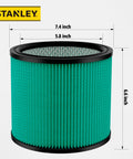 HEPA Cartridge Filter For Most 5 To 18 Gallon Wet Dry Vacuums Washable And Reusable Replacement with dimensions visible.
