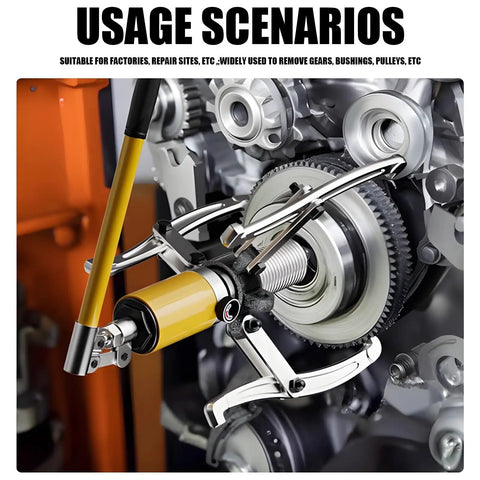 Badass Heavy Duty Hydraulic Gear Puller And Wheel Bearing Separator With Adjustable Tri Jaw Swivel Pump Head For Extracting Hubs Flanges And Stubborn Bearings Straight Up Garage Workhorse 30 Ton Force 400 Millimeter Reach extracting gears and pulleys in an engine with hydraulic puller.
