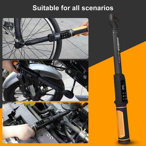 Digital Torque Wrench Three Eighths Inch Drive With Wide Range 1.5 To 99.5 Foot Pounds 6.8 To 135 Newton Meters in use on bicycle and motorcycle
