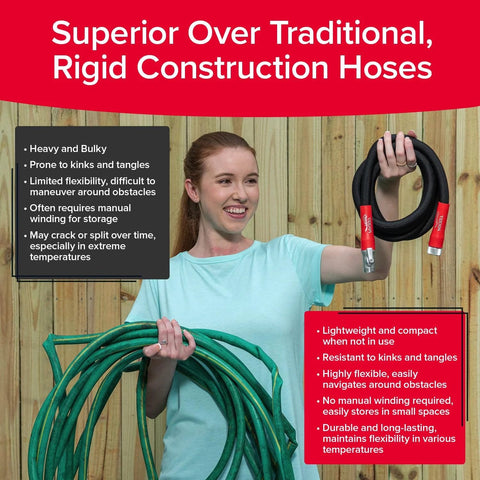 Pocket Hose expandable garden hose; black hose with red Turbo Shot nozzle, green hoses coiled nearby.