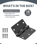 Matte Black Interior Door Hinges Set Three And A Half Inch Iron Hinges With One Quarter Inch Radius Plain Bearing Design For Smooth Operation Durable Templated Screw Pattern 3.5 By 3.5 Inch Door Hardware 18 Pack showing hinge and screws