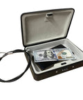 Open Water And Fire Resistant Portable Security Case With Solid Steel Build showing combination lock and three foot cable