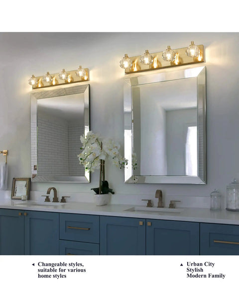 Crystal Vanity Light Four Light Gold Bathroom Fixture with G9 Bulb Compatibility in bathroom