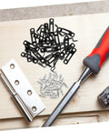 30 Pack Of Concealed Furniture Connector Brackets And Heavy Duty Metal Clamps For Bulletproof Cabinet Setup on wooden surface with tools.