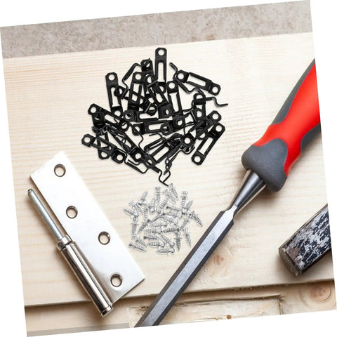 30 Pack Of Concealed Furniture Connector Brackets And Heavy Duty Metal Clamps For Bulletproof Cabinet Setup on wooden surface with tools.