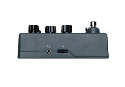 Side view of POD Express Bass On The Go Ultra Portable Bass Amp Modeler with 7 Amps 7 Cabs 17 Effects and power jack