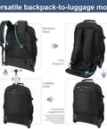 Travel vacuum backpack with wheels, black 50L rolling luggage with retractable handle and backpack straps