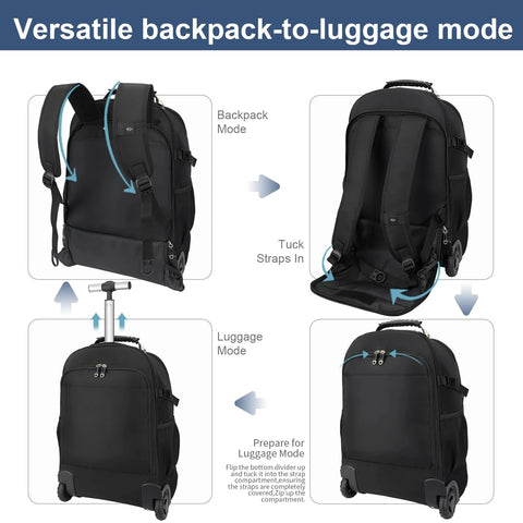 Travel vacuum backpack with wheels, black 50L rolling luggage with retractable handle and backpack straps