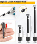 Hexagonal quick adapter rod from 38 Piece Flexible Drill Bit Extension Set With 105 Degree Right Angle Drill Bit Holder Hex Socket Adapters Bendable Extension And Screwdriver Bit Kit For Versatile Drilling And Fastening Projects, showing different rod lengths and lock mechanism.