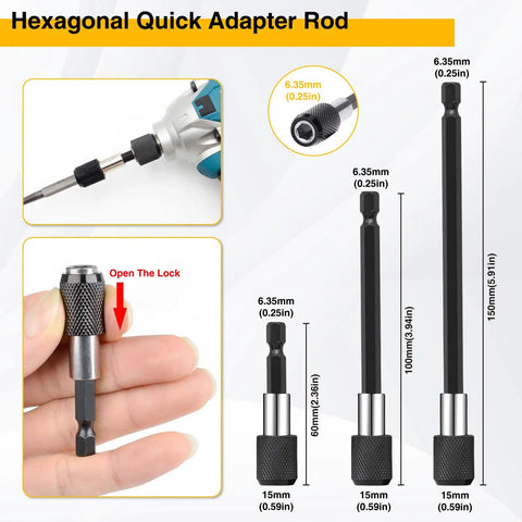 Hexagonal quick adapter rod from 38 Piece Flexible Drill Bit Extension Set With 105 Degree Right Angle Drill Bit Holder Hex Socket Adapters Bendable Extension And Screwdriver Bit Kit For Versatile Drilling And Fastening Projects, showing different rod lengths and lock mechanism.