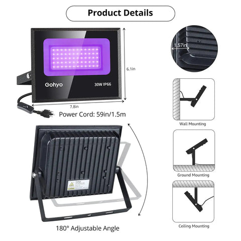 Two Pack 30W UV Black Lights With 60 LEDs Each, IP66 Waterproof Flood Lights, showing dimensions and mounting options.