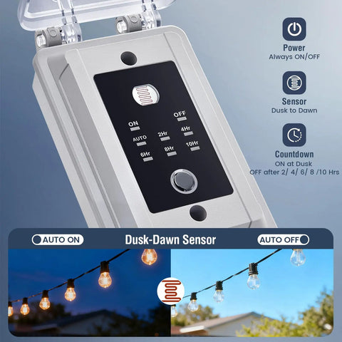 Smart Heavy Duty Hardwired Dusk To Dawn Photocell Switch With Hella Robust 20 Amp Rating showing control panel settings and timer.
