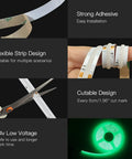 Features of Ultra Bright 16.4 Feet RGB COB LED Strip Kit with adhesive, flexible, and cuttable design.