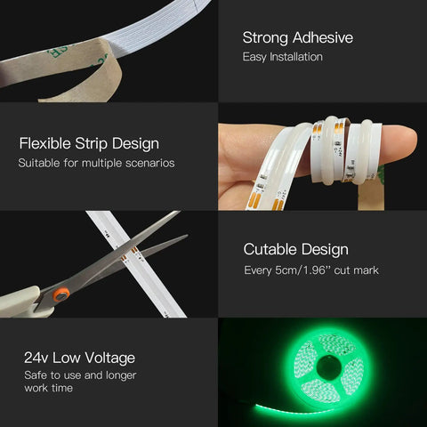 Features of Ultra Bright 16.4 Feet RGB COB LED Strip Kit with adhesive, flexible, and cuttable design.