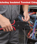 Person using 3 In 1 Self-Adjusting Wire Stripper And Crimping Tool Kit For 10-24 AWG with heat shrink connectors on electrical wires.