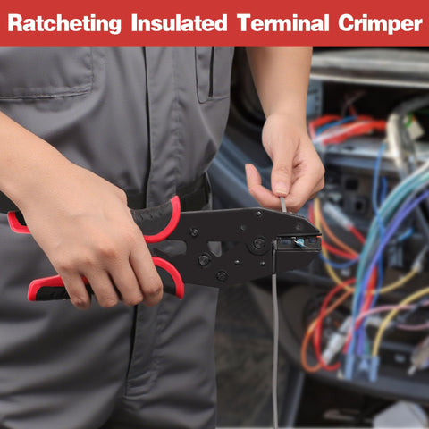 Person using 3 In 1 Self-Adjusting Wire Stripper And Crimping Tool Kit For 10-24 AWG with heat shrink connectors on electrical wires.