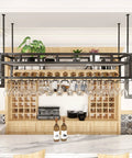 Front view of Three In One Ceiling Suspension Wine Glass And Bottle Holder With Dope Overhead Storage And Wall Mount Shelf For Hanging Plants