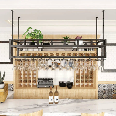 Ceiling Mounted Wine Glass And Bottle Rack With Hanging Plant Shelf 3 In 1 Overhead Storage Easy Install For Bar Setup Home Garage Wall Mount Wine Glass Rack And Bottle Organizer