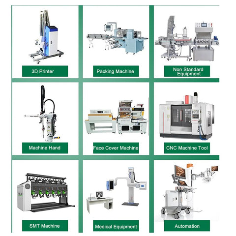 Grid showing various industrial machines including 3D printer, CNC machine tool, and automation equipment.