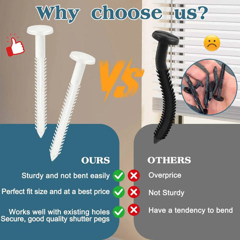 Top Shelf 30 Pack 3 Inch White Vinyl Shutter Fasteners Hella Durable PVC Anchor Pins comparison with black variant.