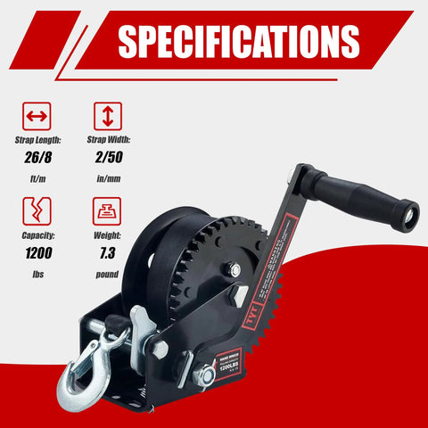 1200 Lb Boat Trailer Strap Winch With 8 Meter Black Rope, Heavy Duty Hand Crank Winch With Hook, gear specifications shown