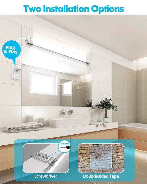 Linkable 2Ft LED Shop Light 18W lit wraparound ceiling fixture plug in 5000K in bathroom with installation options