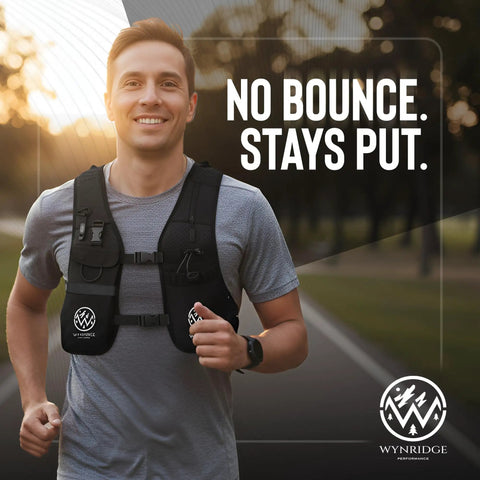Man running with Hydration Running Vest With 8 Pockets And 17 Oz Flask For Men And Women Reflective Lightweight Neoprene Pack
