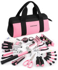 218 Piece Pink Home Tool Kit Set With Bag For DIY Home Maintenance And Everyday Repairs Includes Screwdrivers Pliers Hammer Tape Measure And More Ladies Friendly Tools For Women Home Projects displayed with pink tools and black bag.