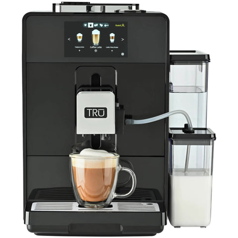 Top Notch Automatic Espresso And Coffee Machine With Built In Grinder and Smart Touchscreen making a latte with milk container.