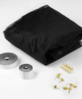 Garage Door Screen 9x8 Feet Magnetic Closure Heavy Duty with accessories including tape rolls and push pins on a white background.