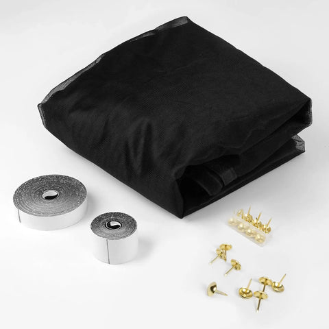 Garage Door Screen 9x8 Feet Magnetic Closure Heavy Duty with accessories including tape rolls and push pins on a white background.