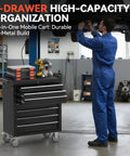 Rolling Tool Chest With Seven Drawers On Wheels, Metal Lockable Tool Storage Cabinet With Swivel Casters And Brakes, Heavy Duty Toolbox For Garage, Workshop, Warehouse Or Repair Shop, Black in garage