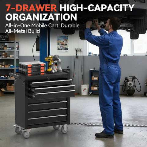 Rolling Tool Chest With Seven Drawers On Wheels, Metal Lockable Tool Storage Cabinet With Swivel Casters And Brakes, Heavy Duty Toolbox For Garage, Workshop, Warehouse Or Repair Shop, Black in garage