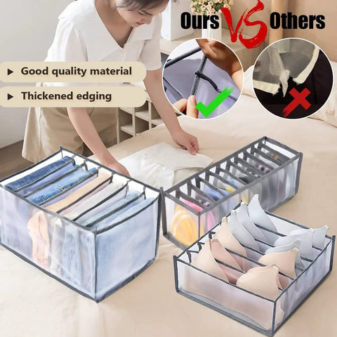 Mesh Nylon Wardrobe Drawer Organizer Set For Closet Storage showing foldable dividers with durable thickened edging.