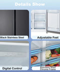 Details of 15.6 Cubic Foot Side By Side Refrigerator In Sleek Black with adjustable feet, digital control, and stainless steel chrome frame.