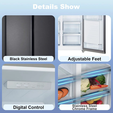 Details of 15.6 Cubic Foot Side By Side Refrigerator In Sleek Black with adjustable feet, digital control, and stainless steel chrome frame.