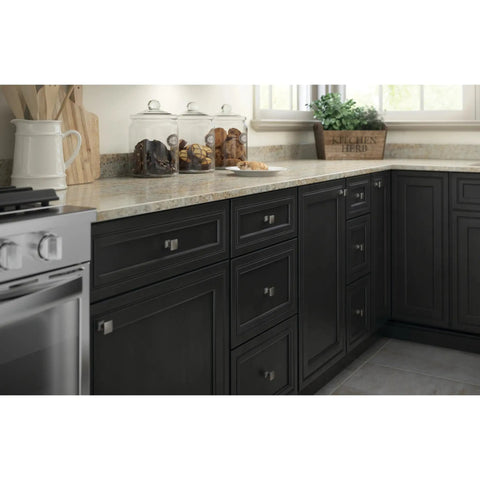 Matte Black Cabinet Knobs 1 Inch 1 Pack Durable Hardware For Kitchen Cabinets Drawers Dressers And Closet Doors DIY Friendly Upgrade For Your Furniture With Easy Install Zinc Finish installed on dark kitchen cabinets