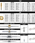 87 Piece All In One Tap And Die Set With SAE And Metric Sizes In Pro Grade Titanium Steel for mechanics and craftsmen, detailed chart view
