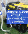 Image showing compatible liquids for Heavy Duty Manual Fuel Transfer Pump And Gasoline Siphon including gasoline and kerosene.
