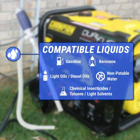 Image showing compatible liquids for Heavy Duty Manual Fuel Transfer Pump And Gasoline Siphon including gasoline and kerosene.