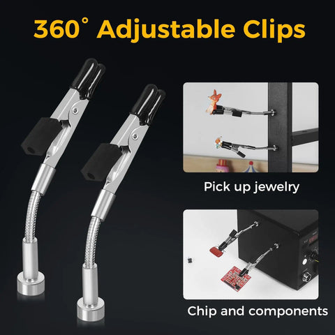 Dual Clamp Soldering Helper Stand With Quick Release Third Hand For Electronics PCB Repair DIY Projects Jewelry Craft No Fuss Soldering Aid Station Adjustable Compact Yellow Black shown with 360° adjustable clips