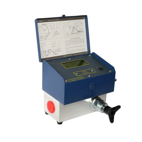 Inline Digital Hydraulic Flow Meter With 6000 PSI, 800 L And 200 GPM Max Flow, Pressure Test Kit showing digital display and controls