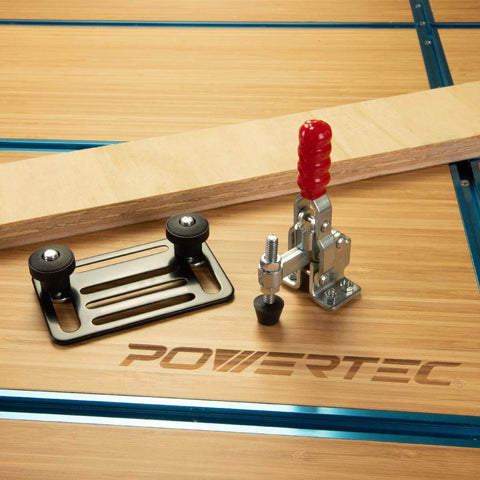 Toggle Clamp Mounting Plate Kit With Round 5/16-18 Knobs And T-Bolts For T-Track Accessories shown on wooden surface