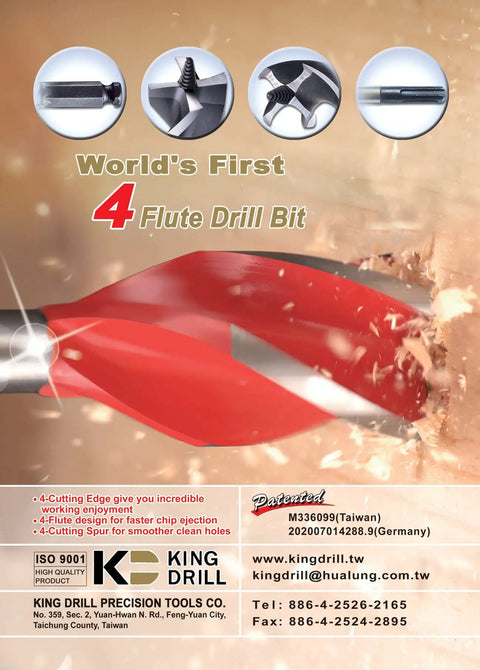 Heavy Duty Five Piece Wood Drill Bit Set With Four Flute Auger Design For Faster Chip Ejection And Smooth Clean Holes On Tough Lumber showing drill bit tip in action