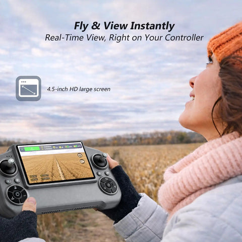 Person holding remote with 4.5-inch HD screen displaying GPS Drone With 4K Camera And 3 Axis Gimbal, outdoors in a field.