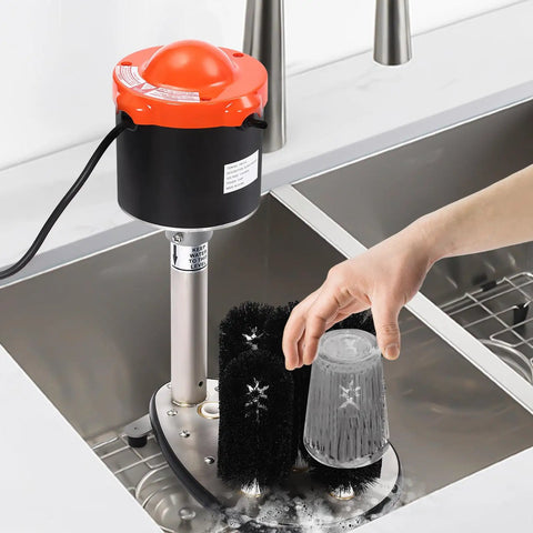 No Sweat Electric Commercial Glass Washer Cranks Out Eight Hundred Cups Per Hour, brushes cleaning a glass in sink.
