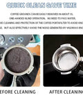Before and after images of Electric Espresso Portafilter Cleaner With Knock Box And Dual Spin Brushes showing cleaned portafilter.